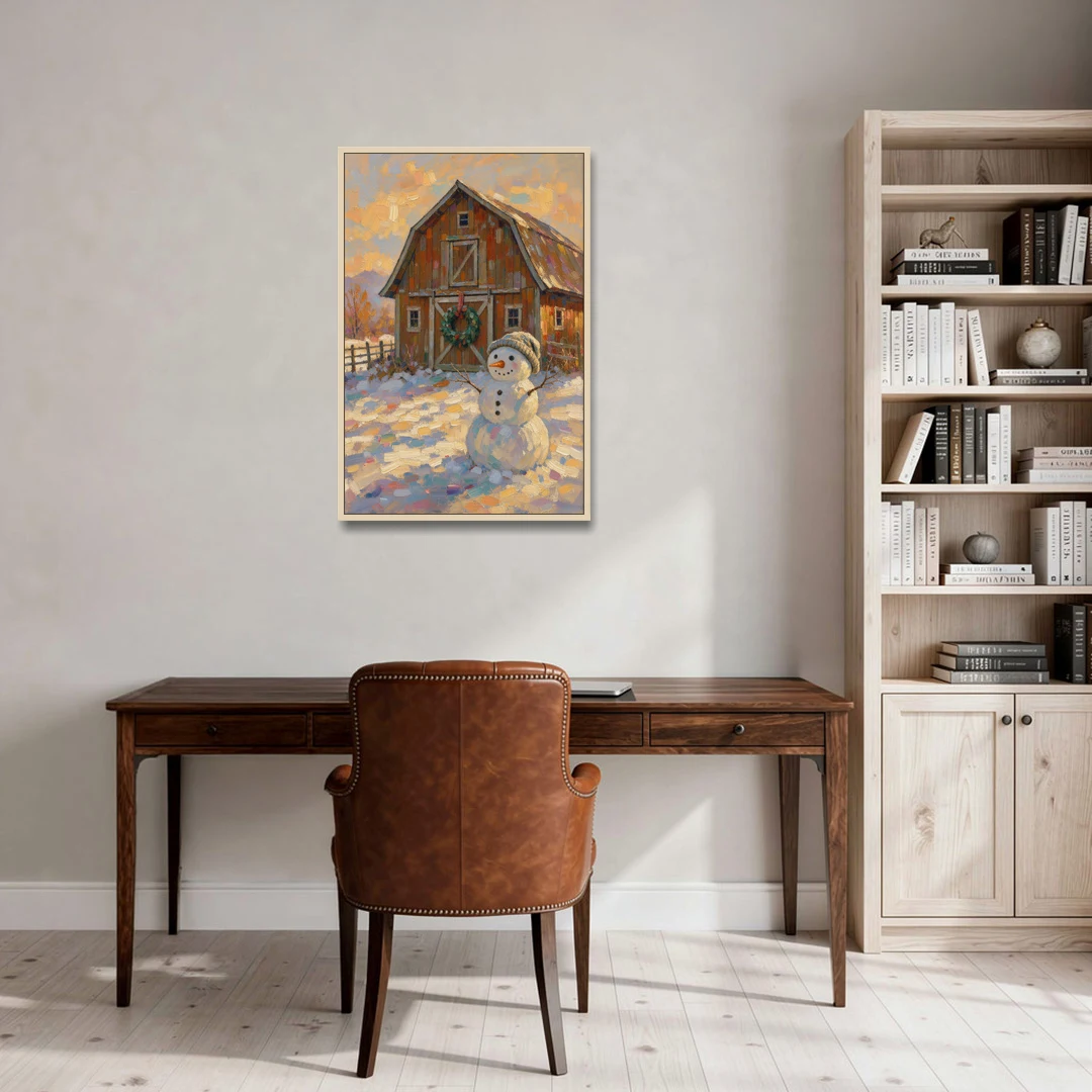 Snowman by the Red Barn with Wreath - Oak Framed Canvas Wall Art - Office - 24x36