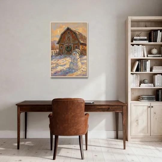 Snowman by the Red Barn with Wreath - Oak Framed Canvas Wall Art - Office - 24x36