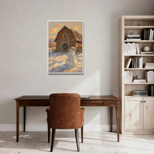 Snowman by the Red Barn with Wreath - White Framed Canvas Wall Art - Office - 24x36