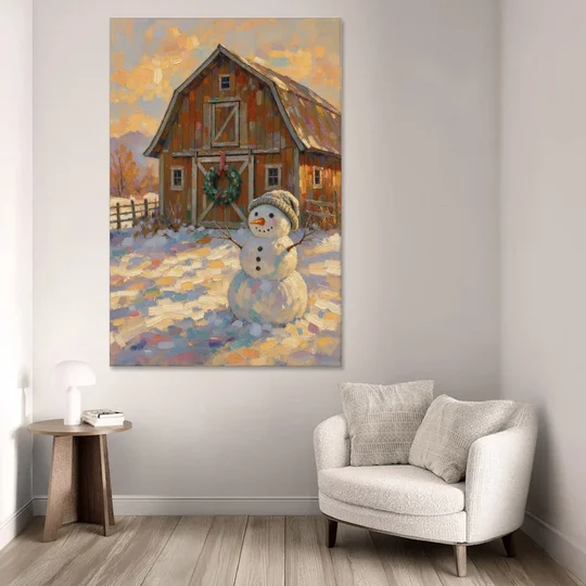 Snowman by the Red Barn with Wreath - Canvas Wall Art - Sofa - 40x60