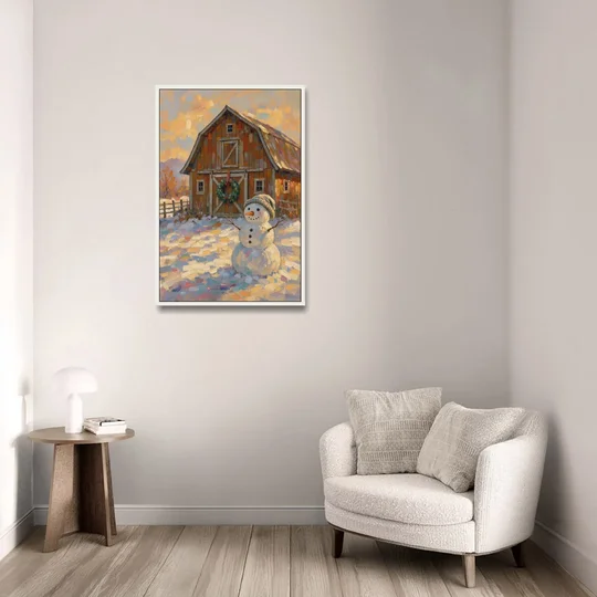 Snowman by the Red Barn with Wreath - White Framed Canvas Wall Art - Sofa - 24x36