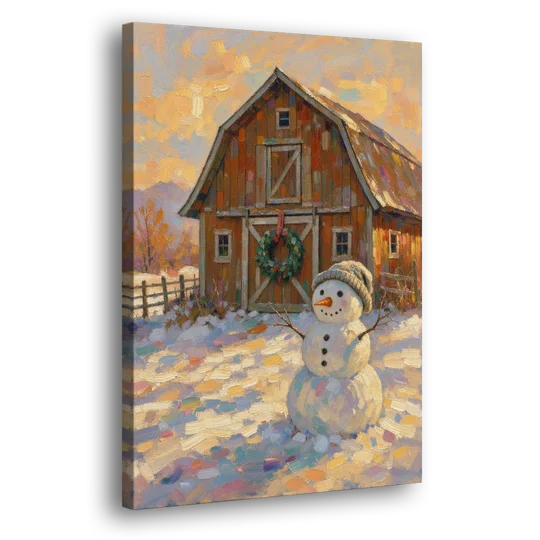 Snowman by the Red Barn with Wreath - Canvas Wall Art - Side