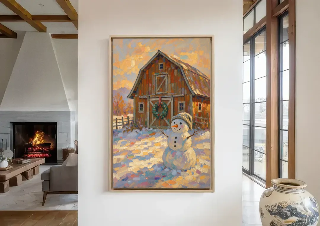 Snowman by the Red Barn with Wreath canvas wall art in a living room with a fireplace