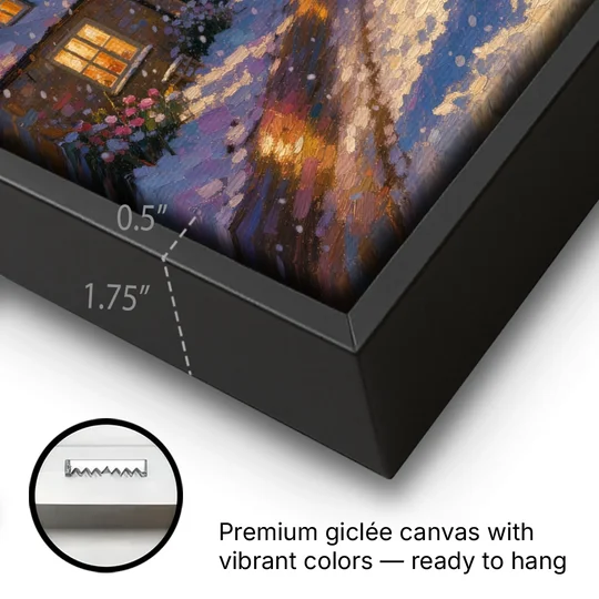 Snowman by the Wreathed Village Lamppost - Black Framed Canvas Wall Art - Gallery Wrap Corner
