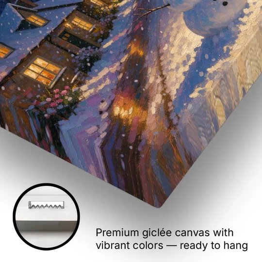 Snowman by the Wreathed Village Lamppost - Canvas Wall Art - Gallery Wrap Corner