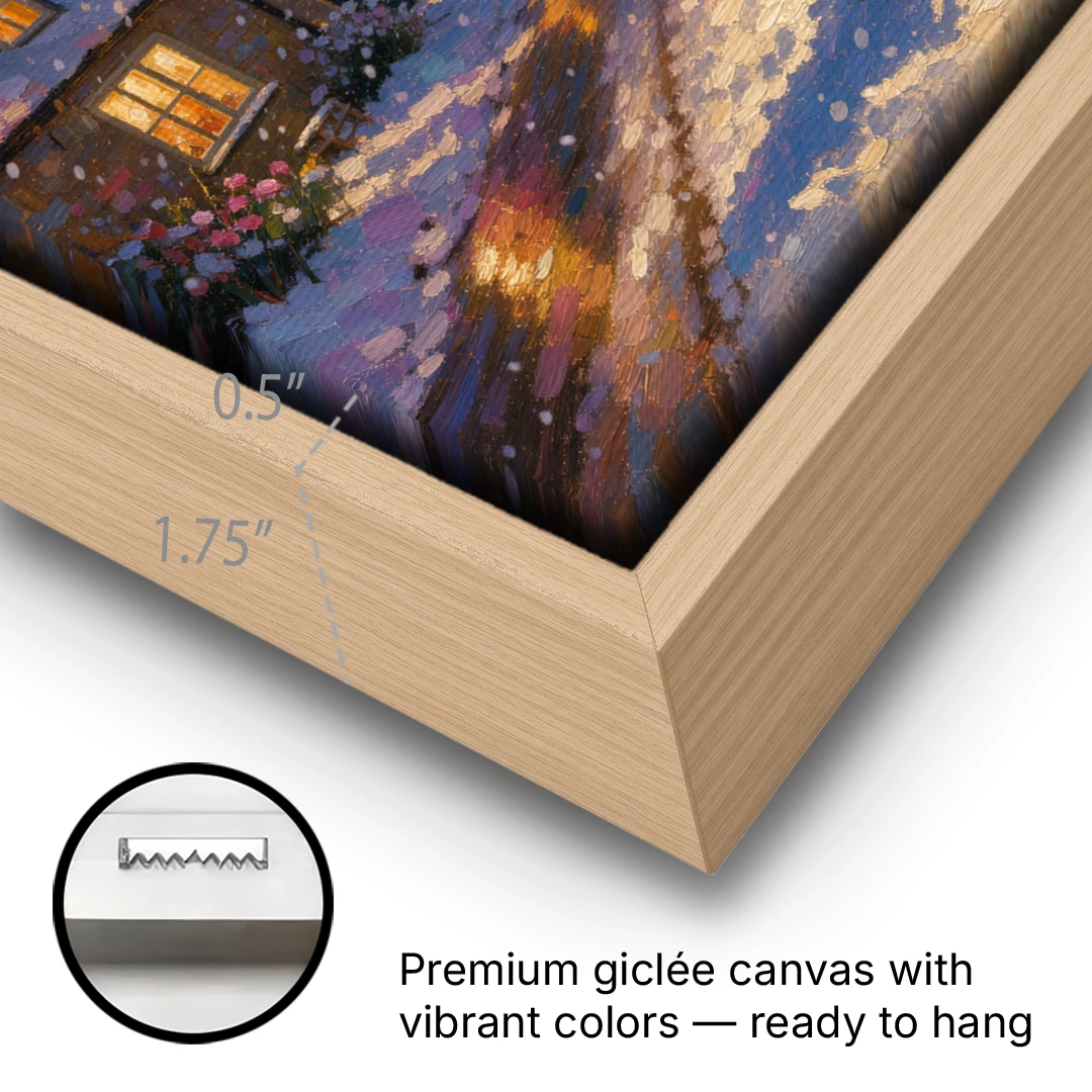 Snowman by the Wreathed Village Lamppost - Oak Framed Canvas Wall Art - Gallery Wrap Corner