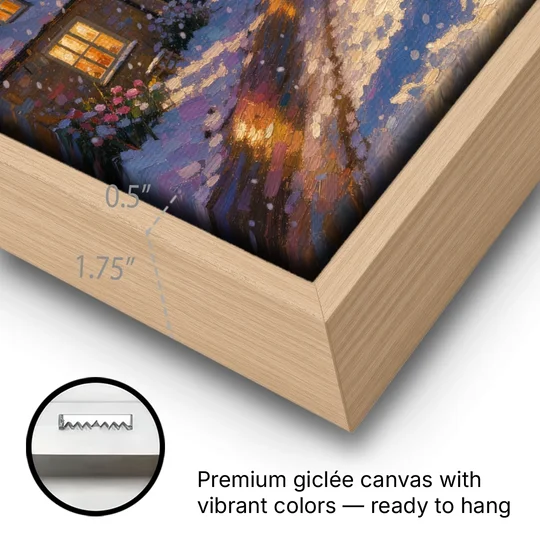 Snowman by the Wreathed Village Lamppost - Oak Framed Canvas Wall Art - Gallery Wrap Corner