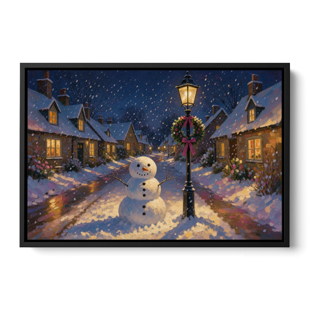 Snowman by the Wreathed Village Lamppost - Black Framed Canvas Wall Art - Front
