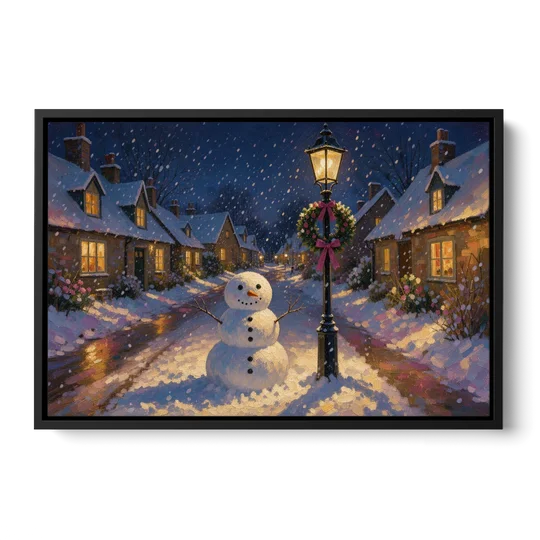 Snowman by the Wreathed Village Lamppost - Black Framed Canvas Wall Art - Front