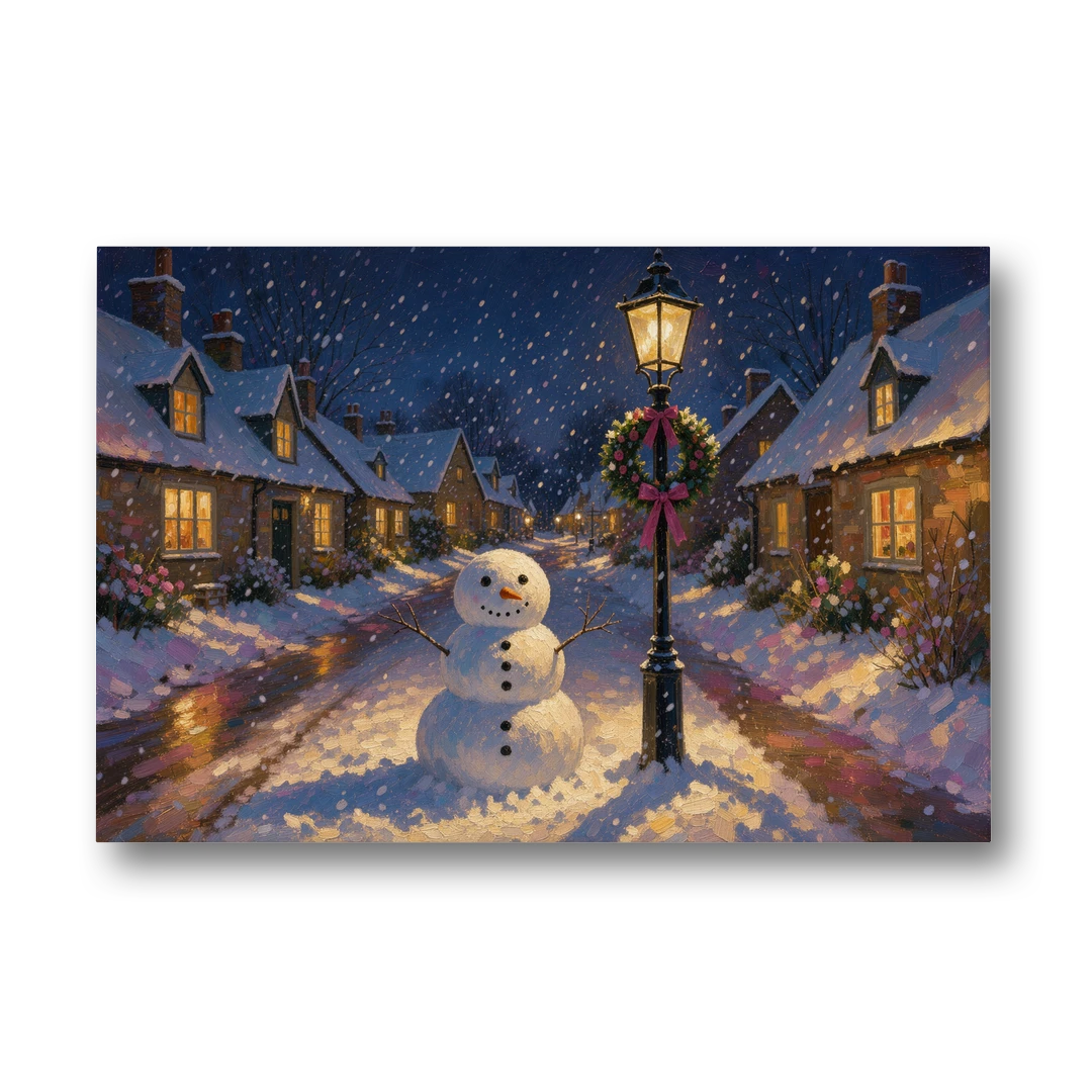 Snowman by the Wreathed Village Lamppost - Canvas Wall Art - Front
