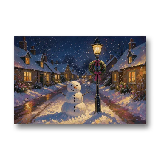Snowman by the Wreathed Village Lamppost - Canvas Wall Art - Front