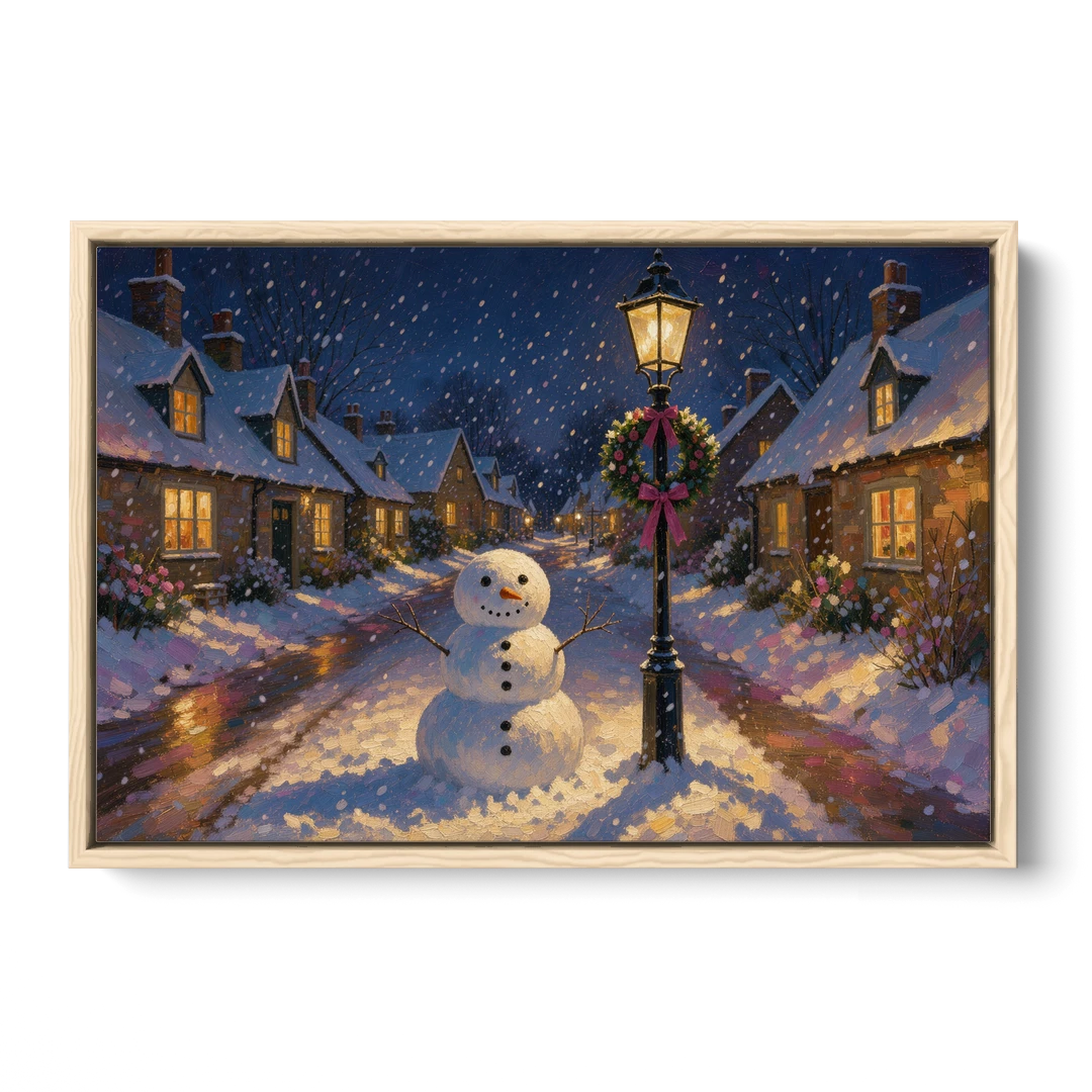 Snowman by the Wreathed Village Lamppost - Oak Framed Canvas Wall Art - Front