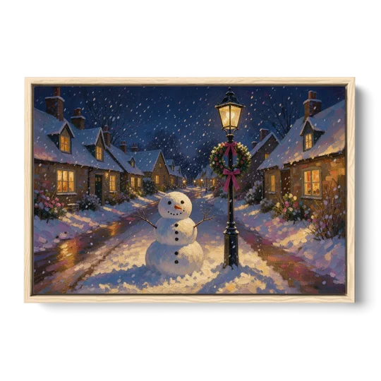 Snowman by the Wreathed Village Lamppost - Oak Framed Canvas Wall Art - Front