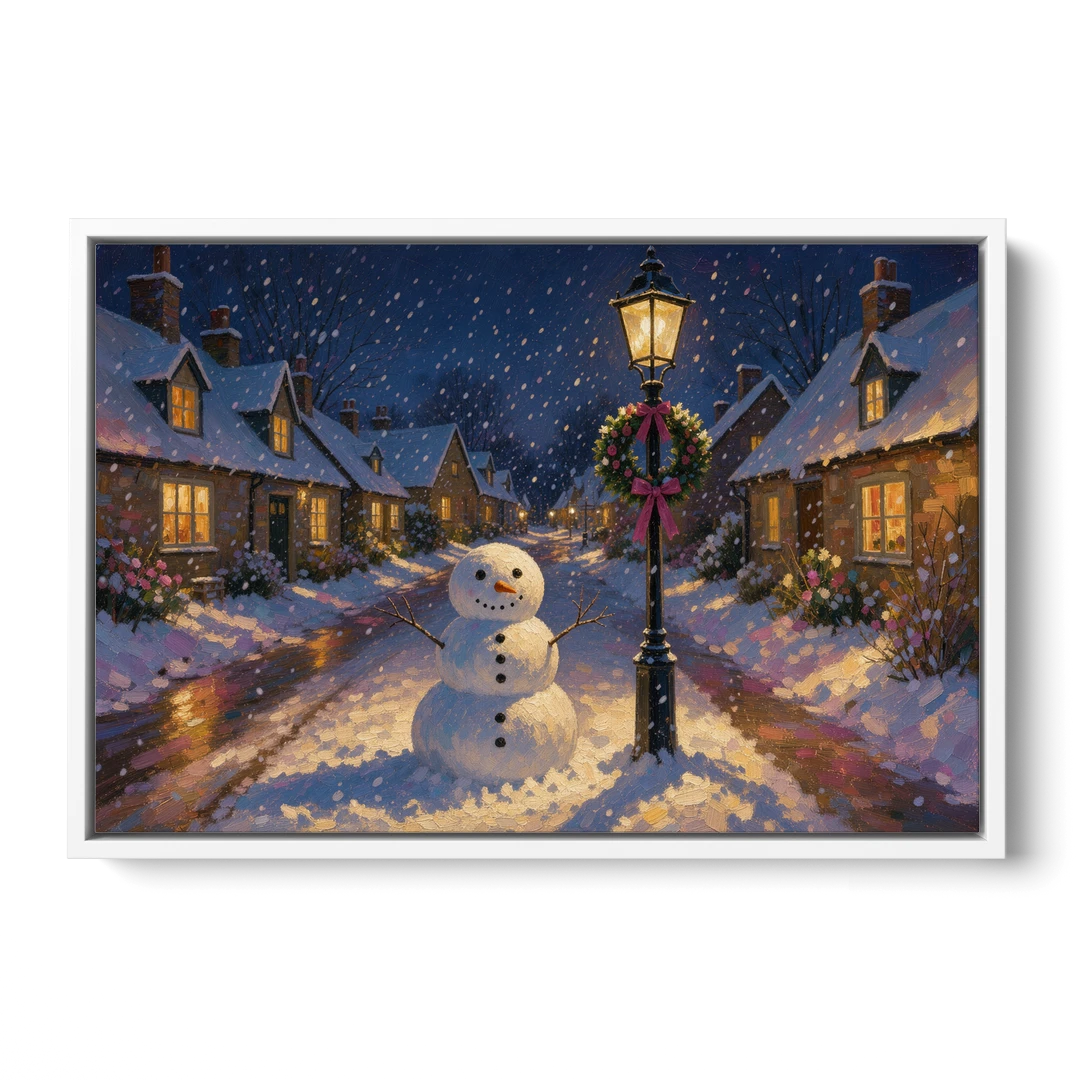 Snowman by the Wreathed Village Lamppost - White Framed Canvas Wall Art - Front