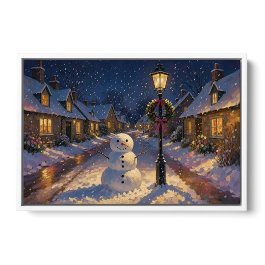 Snowman by the Wreathed Village Lamppost - White Framed Canvas Wall Art - Front