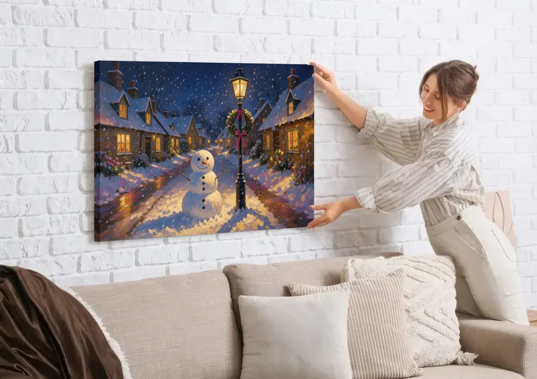 Snowman by the Wreathed Village Lamppost canvas wall art being hung on a white brick wall above a sofa