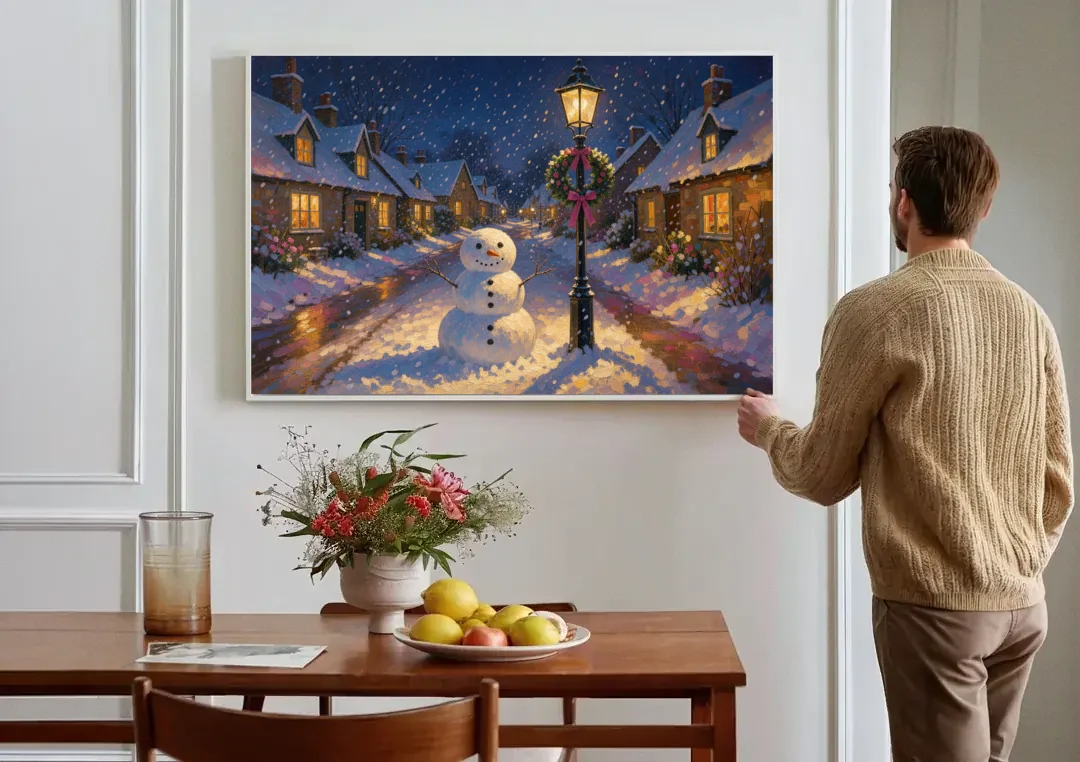 Snowman by the Wreathed Village Lamppost canvas wall art above a dining table