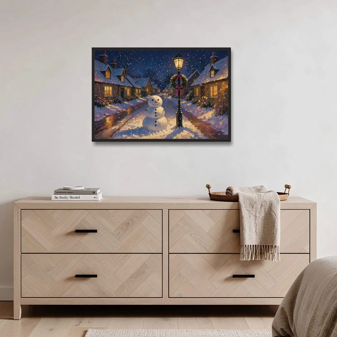 Snowman by the Wreathed Village Lamppost - Black Framed Canvas Wall Art - Coffee Table - 36x24