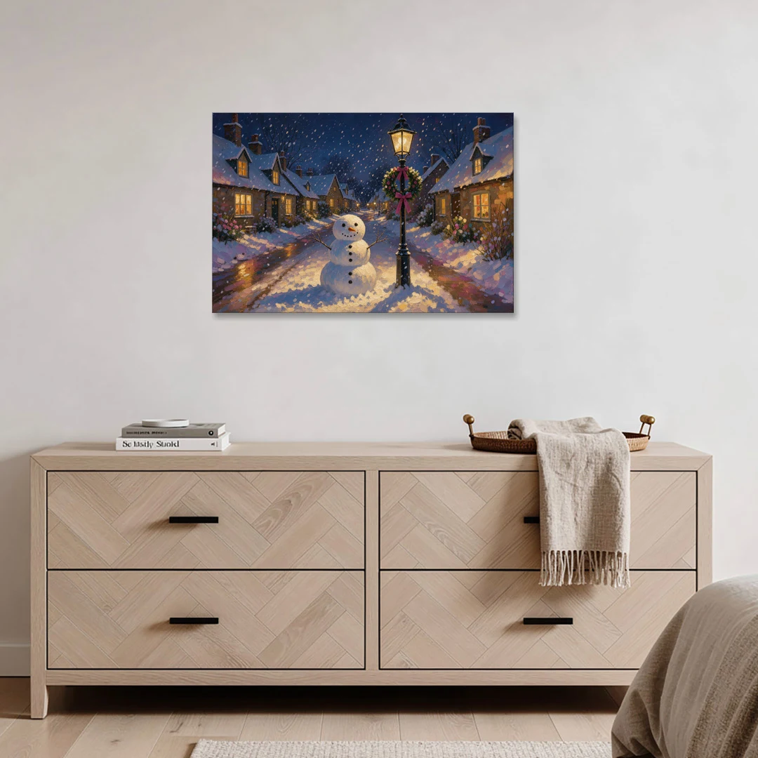 Snowman by the Wreathed Village Lamppost - Canvas Wall Art - Coffee Table - 36x24