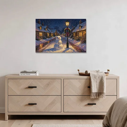 Snowman by the Wreathed Village Lamppost - Canvas Wall Art - Coffee Table - 36x24