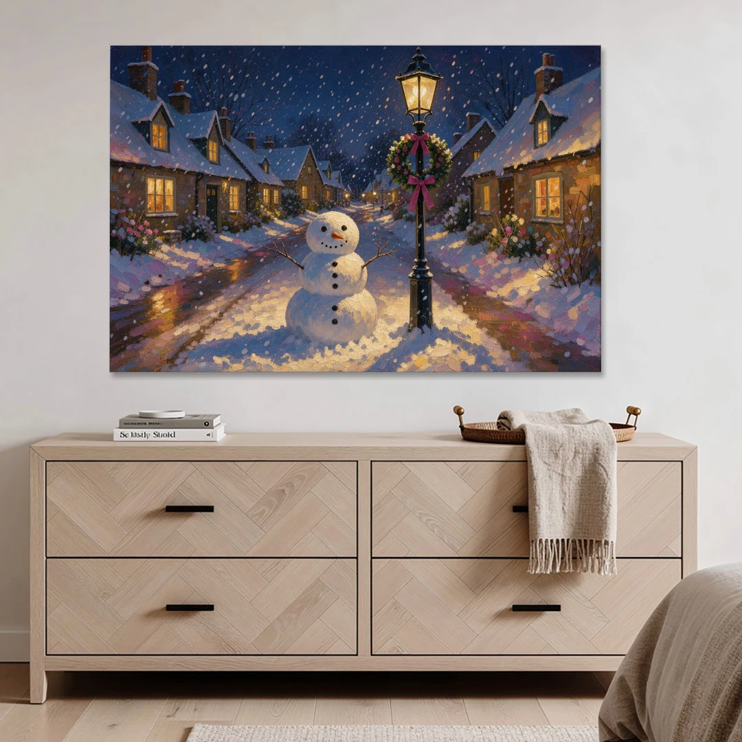 Snowman by the Wreathed Village Lamppost - Canvas Wall Art - Coffee Table - 60x40