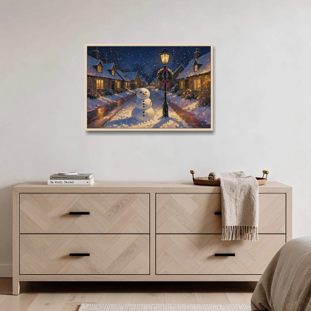 Snowman by the Wreathed Village Lamppost - Oak Framed Canvas Wall Art - Coffee Table - 36x24
