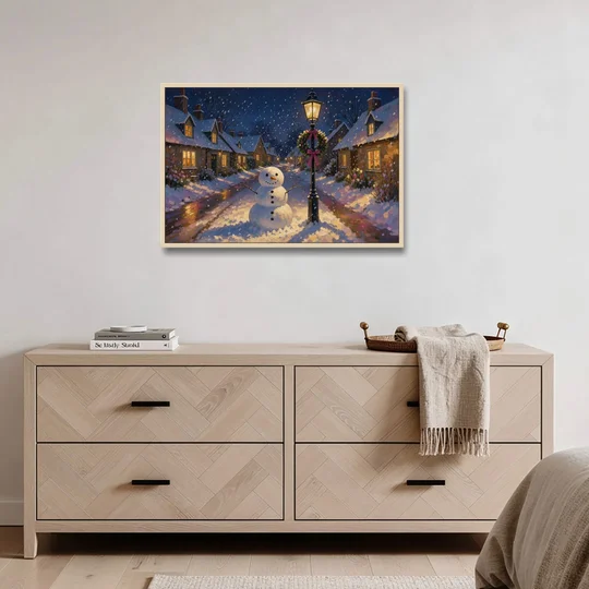 Snowman by the Wreathed Village Lamppost - Oak Framed Canvas Wall Art - Coffee Table - 36x24