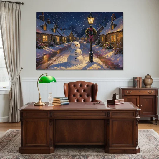 Snowman by the Wreathed Village Lamppost - Canvas Wall Art - Office - 60x40