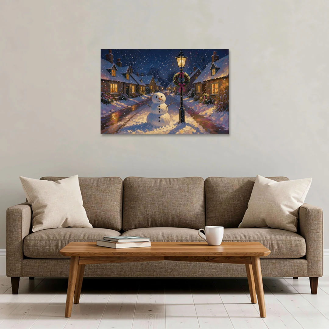 Snowman by the Wreathed Village Lamppost - Canvas Wall Art - Sofa - 36x24