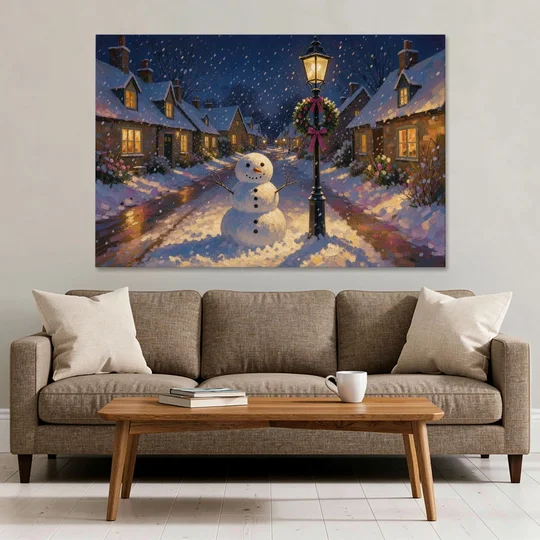 Snowman by the Wreathed Village Lamppost - Canvas Wall Art - Sofa - 60x40