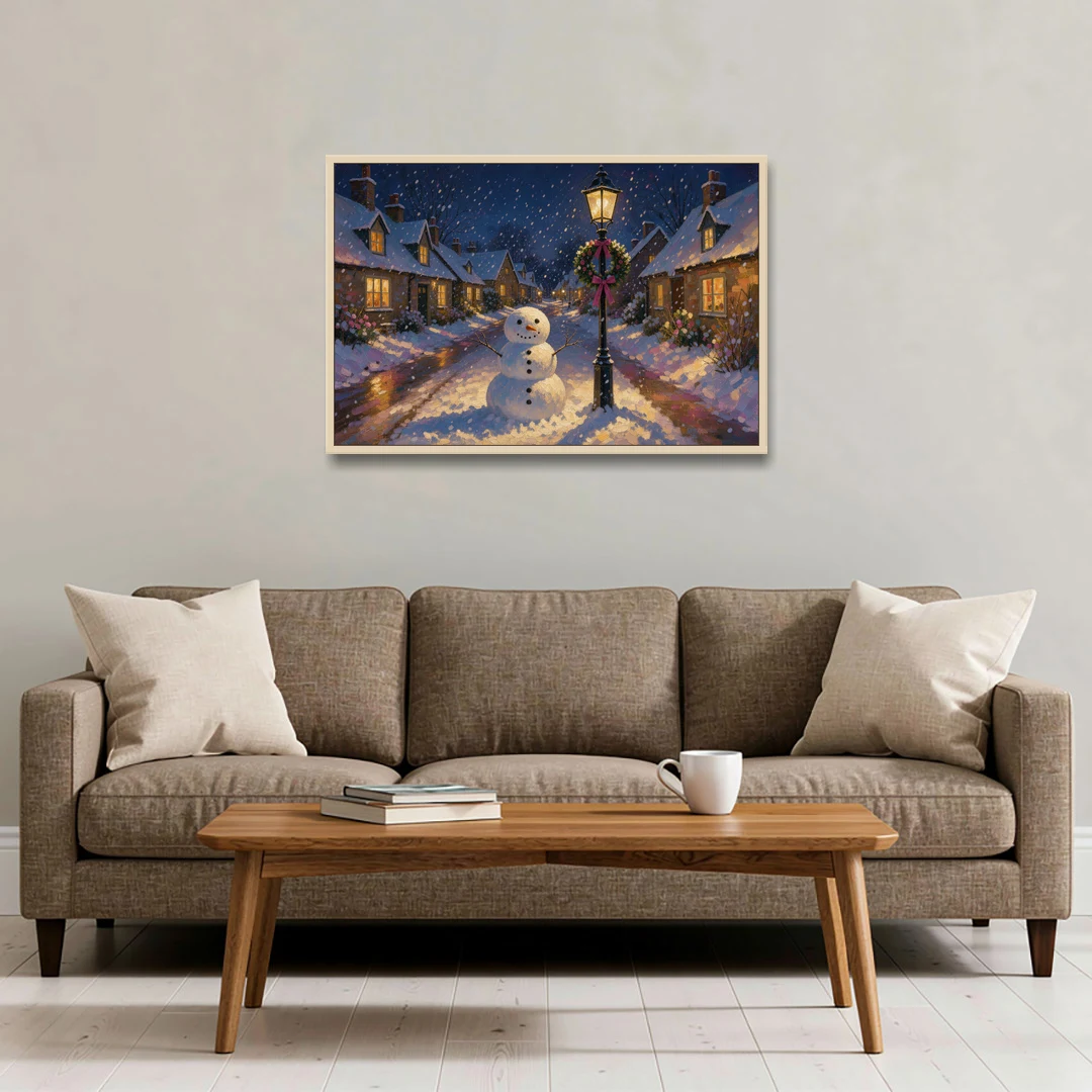 Snowman by the Wreathed Village Lamppost - Oak Framed Canvas Wall Art - Sofa - 36x24