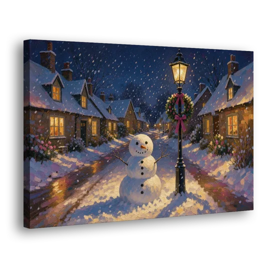 Snowman by the Wreathed Village Lamppost - Canvas Wall Art - Side