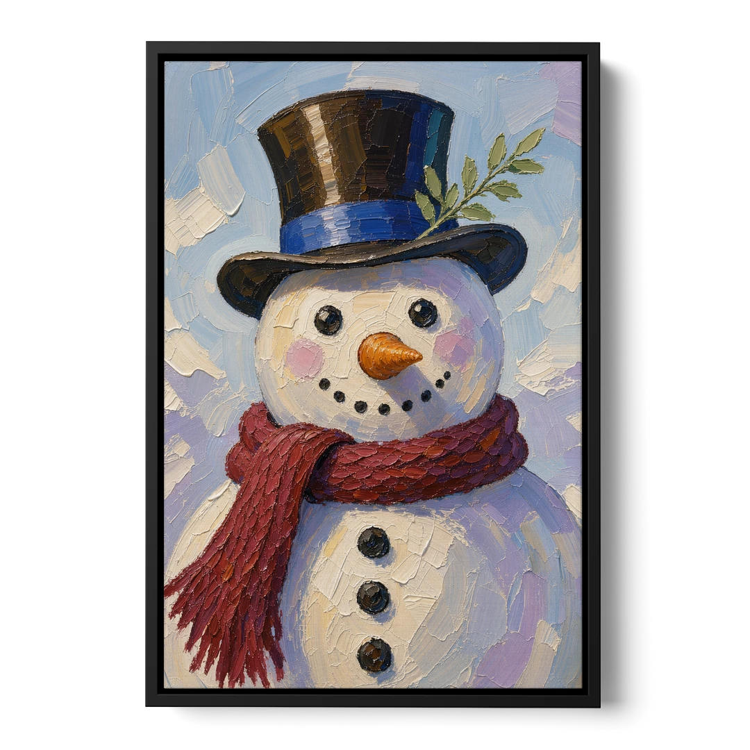 Snowman Canvas with Umber Top Hat - Black Framed Canvas Wall Art - Front
