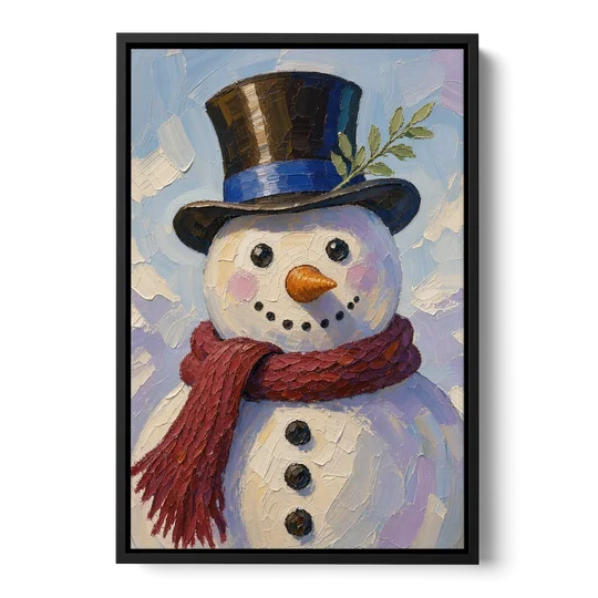 Snowman Canvas with Umber Top Hat - Black Framed Canvas Wall Art - Front