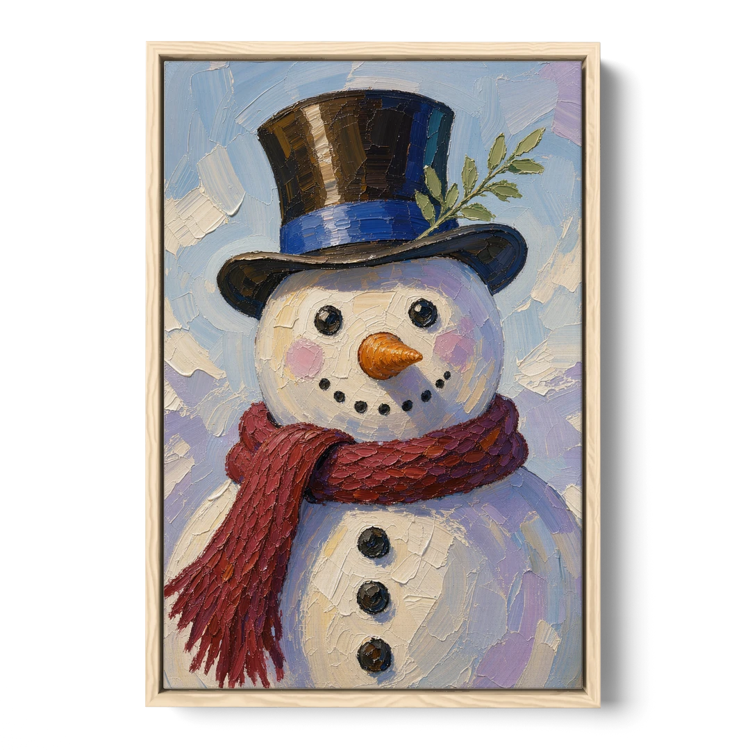 Snowman Canvas with Umber Top Hat - Oak Framed Canvas Wall Art - Front