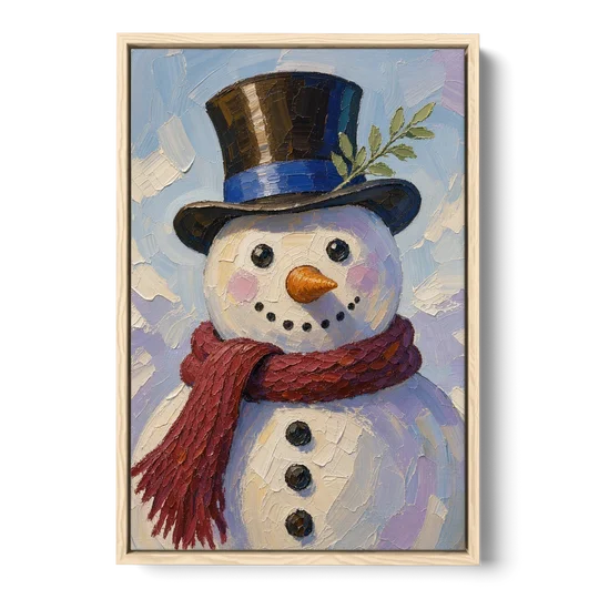 Snowman Canvas with Umber Top Hat - Oak Framed Canvas Wall Art - Front