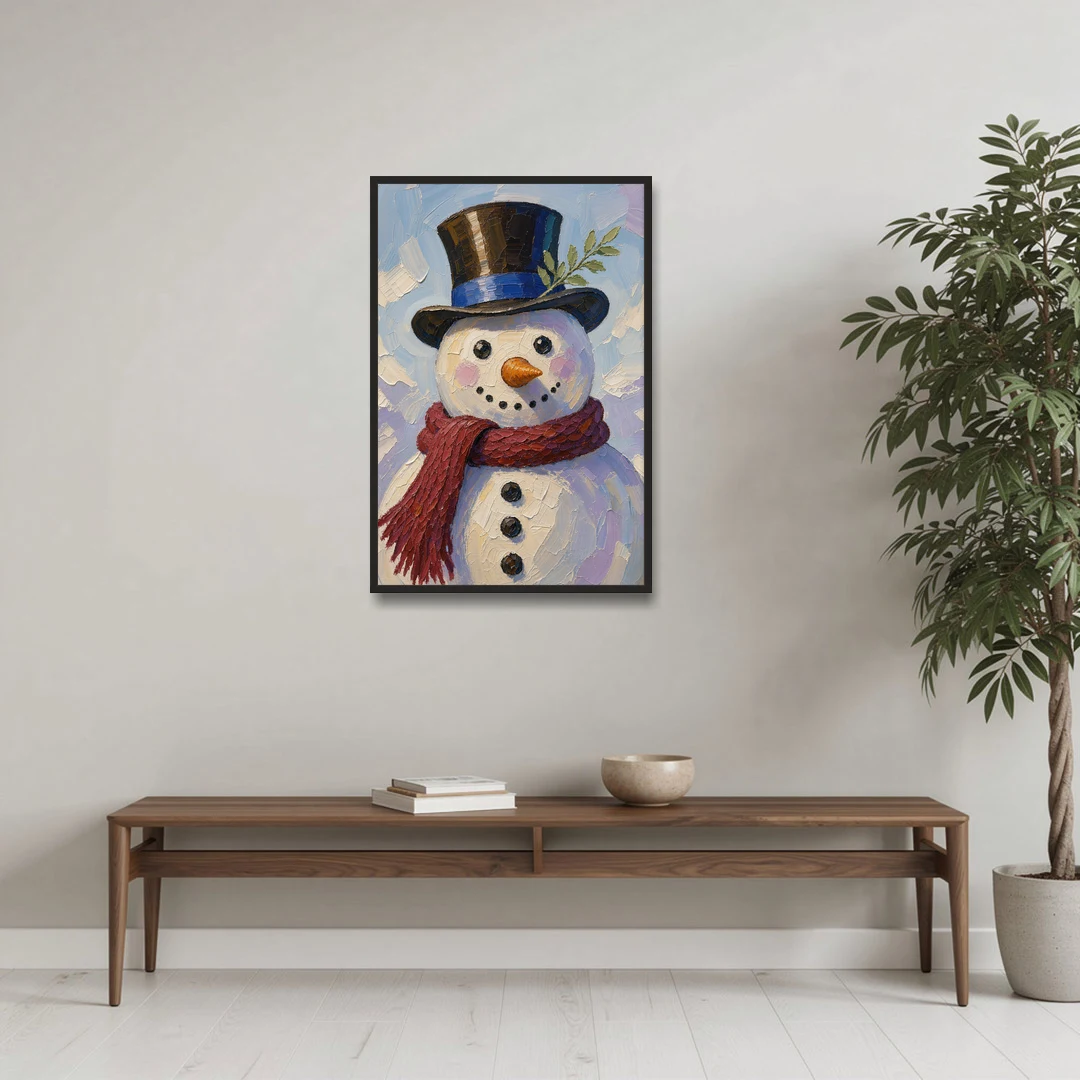 Snowman Canvas with Umber Top Hat - Black Framed Canvas Wall Art - Coffee Table - 24x36