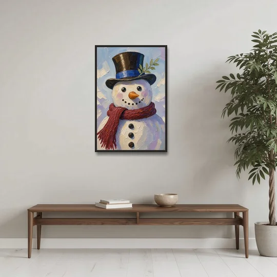 Snowman Canvas with Umber Top Hat - Black Framed Canvas Wall Art - Coffee Table - 24x36