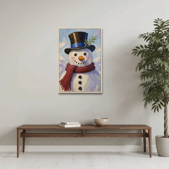 Snowman Canvas with Umber Top Hat - Oak Framed Canvas Wall Art - Coffee Table - 24x36