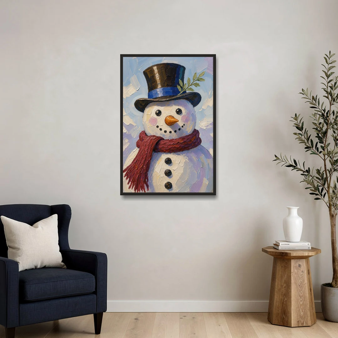 Snowman Canvas with Umber Top Hat - Black Framed Canvas Wall Art - Sofa - 24x36