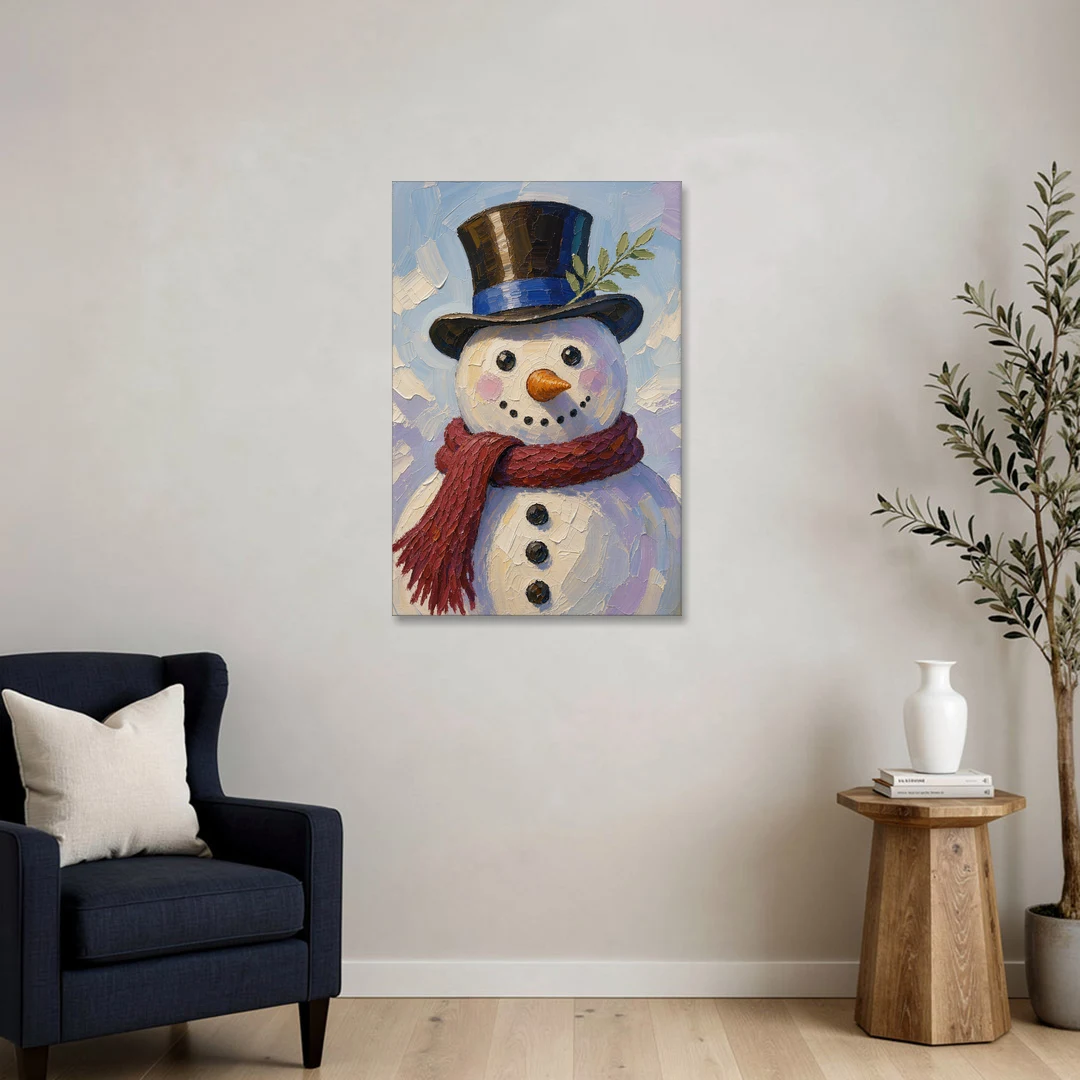 Snowman Canvas with Umber Top Hat - Canvas Wall Art - Sofa - 24x36