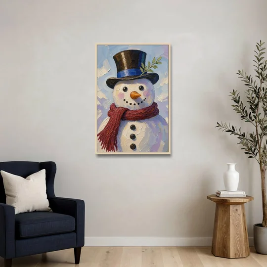 Snowman Canvas with Umber Top Hat - Oak Framed Canvas Wall Art - Sofa - 24x36