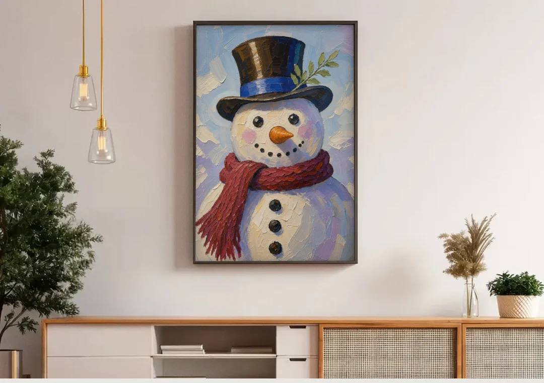 Snowman Canvas with Umber Top Hat canvas wall art above a wooden sideboard under pendant lights