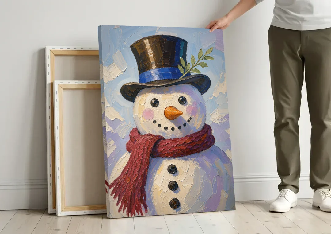 Snowman Canvas with Umber Top Hat canvas wall art leaning against a wall next to blank canvases