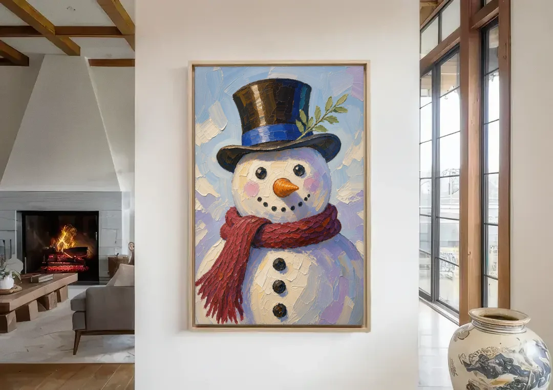Snowman Canvas with Umber Top Hat canvas wall art in a living room with a fireplace