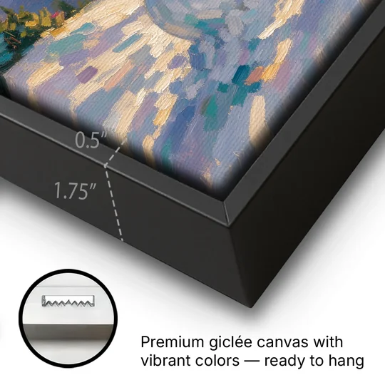 Snowman Family Painting on a Sunset Hill - Black Framed Canvas Wall Art - Gallery Wrap Corner