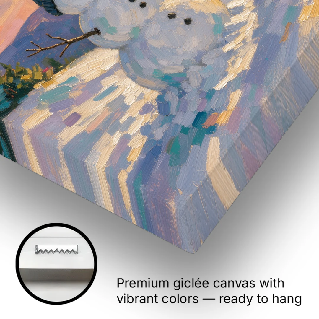 Snowman Family Painting on a Sunset Hill - Canvas Wall Art - Gallery Wrap Corner