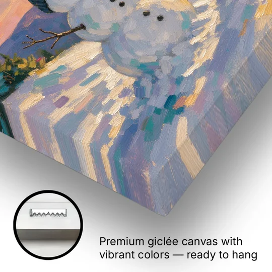 Snowman Family Painting on a Sunset Hill - Canvas Wall Art - Gallery Wrap Corner