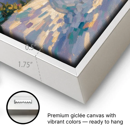 Snowman Family Painting on a Sunset Hill - White Framed Canvas Wall Art - Gallery Wrap Corner