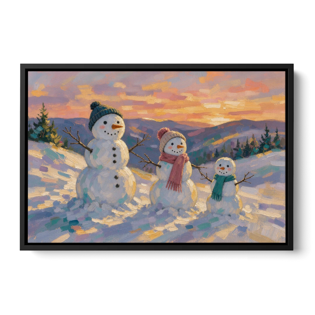 Snowman Family Painting on a Sunset Hill - Black Framed Canvas Wall Art - Front